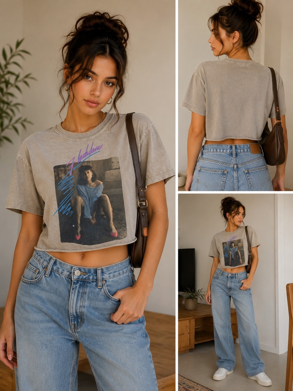 Flashdance Washed Taupe Graphic Crop Tee - Unbranded